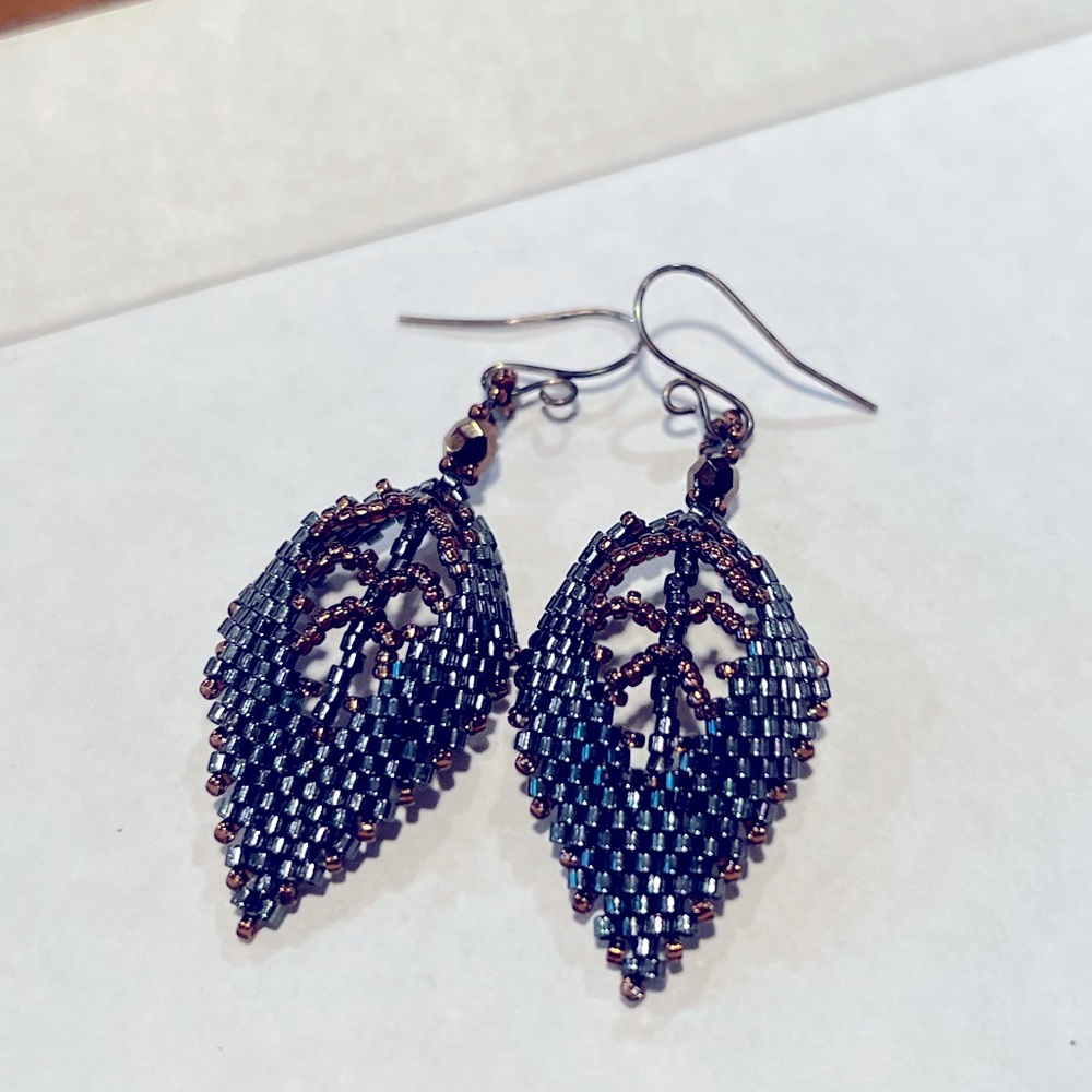 Hand beaded, lightweight, green and copper earrings